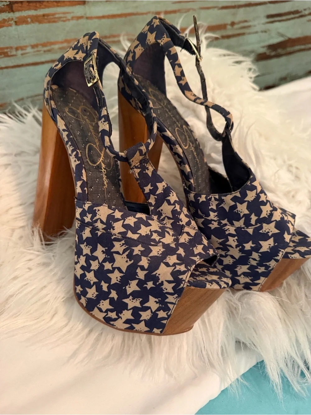Jessica Simpson Navy and Cream Star-Print Platform Peep-Toe Heels